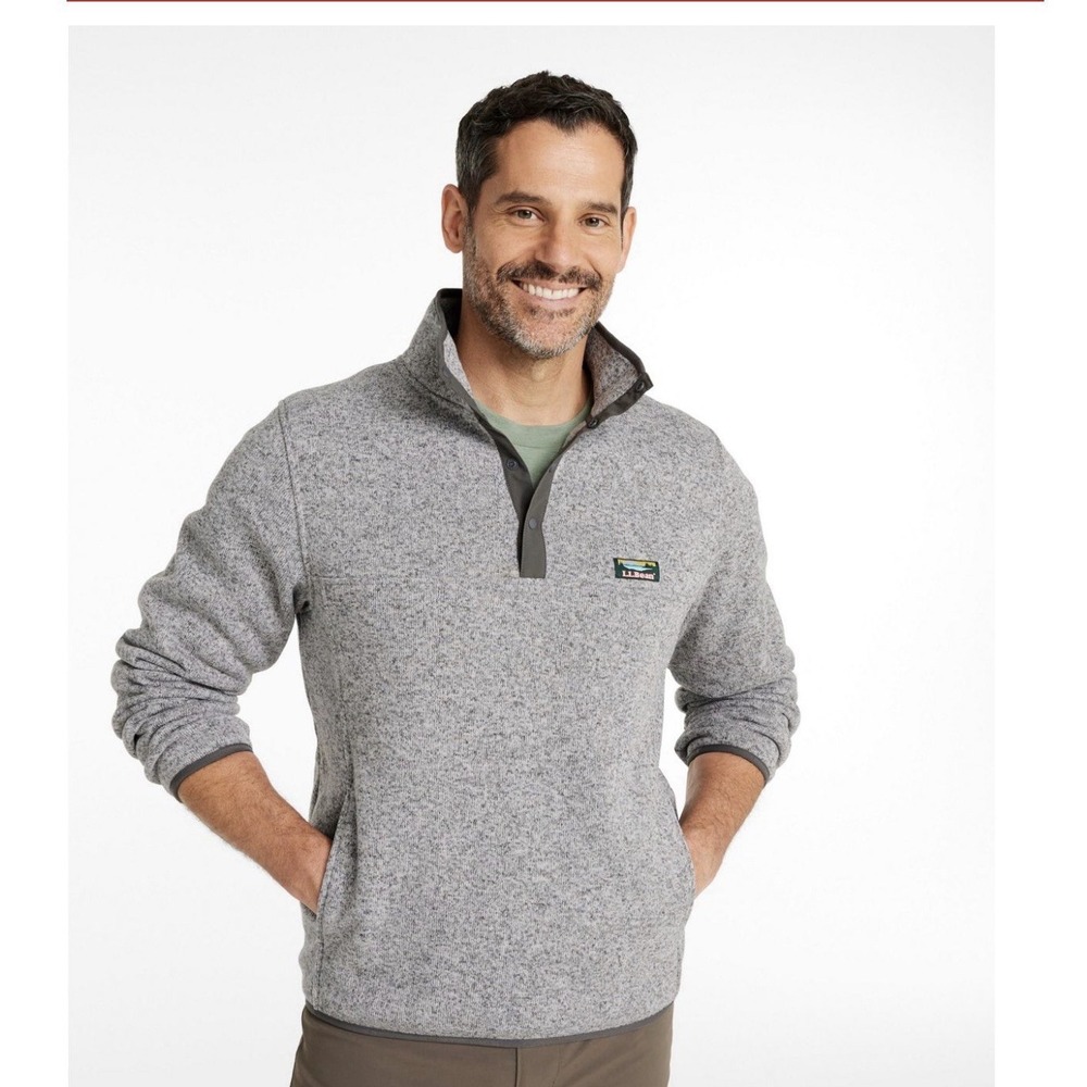 LL Bean Mens‎ Sweater Gray Fleece Pullover Snap Neck Pockets Logo Patch Sz M